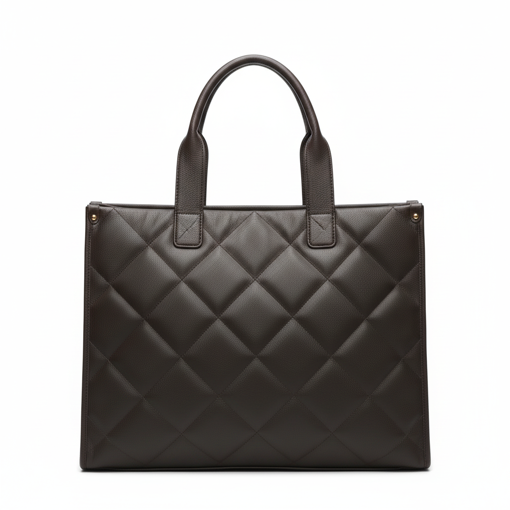Dark Brown Quilted Tote Bag - White Background