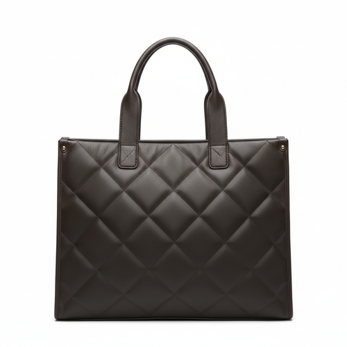 Dark Brown Quilted Tote Bag - White Background